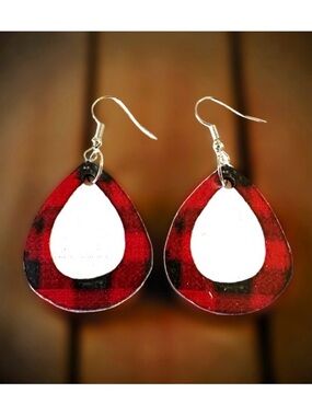 ⭐️ 5 for $25 Wood Festive Red & Black Buffalo Plaid & White Christmas Earrings